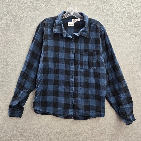 Grateful Dead Women Top Large Blue Buffalo Plaid Flannel Bertha Button Up Collar - Picture 1 of 12
